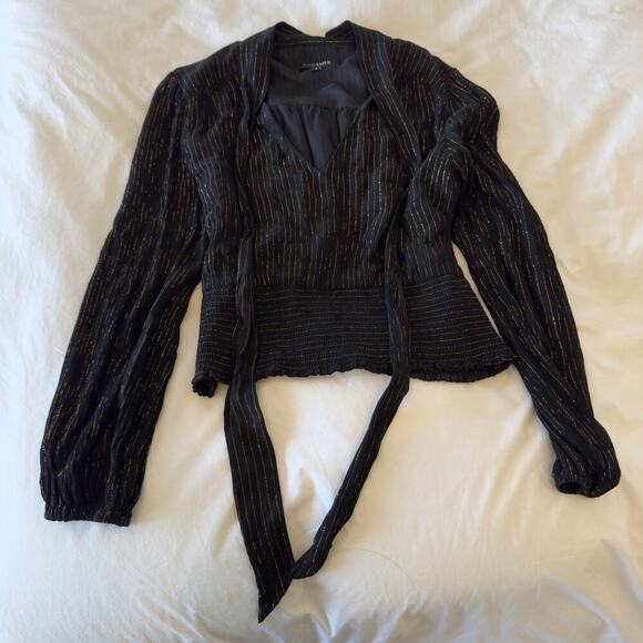 Intermix Smocked Black Blouse Gold Thread Neck Tie Size 4 - Picture 1 of 6